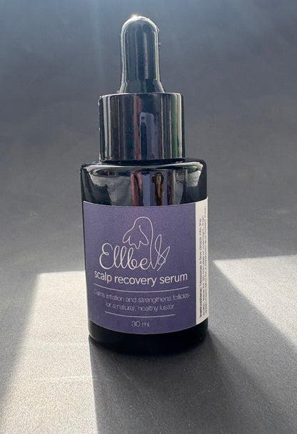 Bottle of scalp recovery serum with a purple label on a gray background